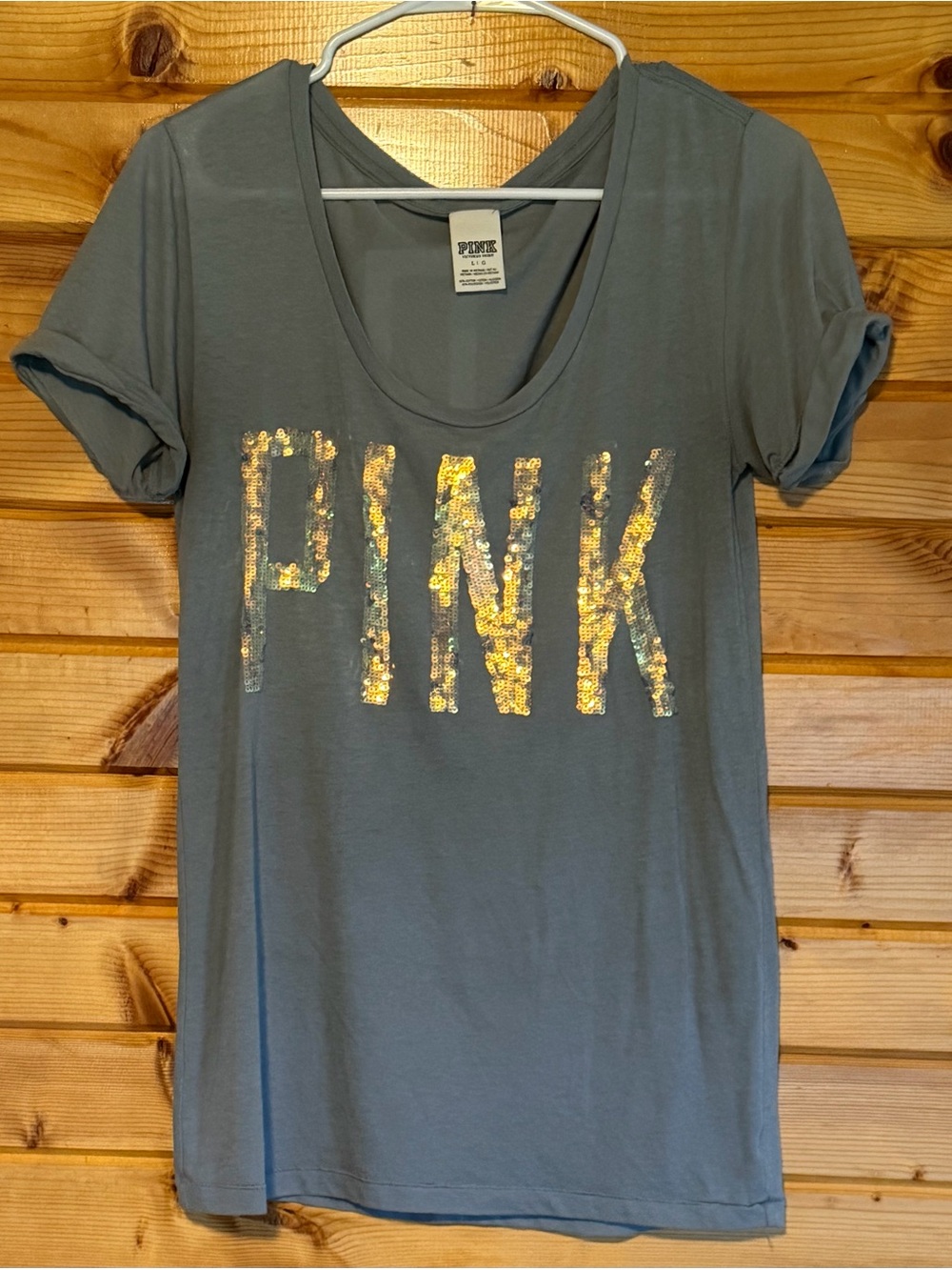 Victoria's Secret PINK Gray Tee with Gold Sequin Logo